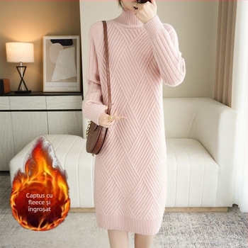 Rochie-pulover din tricot gros cu guler mock neck, mâneci lungi, croială lejeră, poliester, toamna 2023