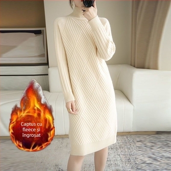 Rochie-pulover din tricot gros cu guler mock neck, mâneci lungi, croială lejeră, poliester, toamna 2023