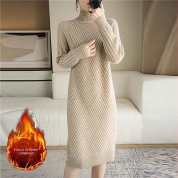 Rochie-pulover din tricot gros cu guler mock neck, mâneci lungi, croială lejeră, poliester, toamna 2023