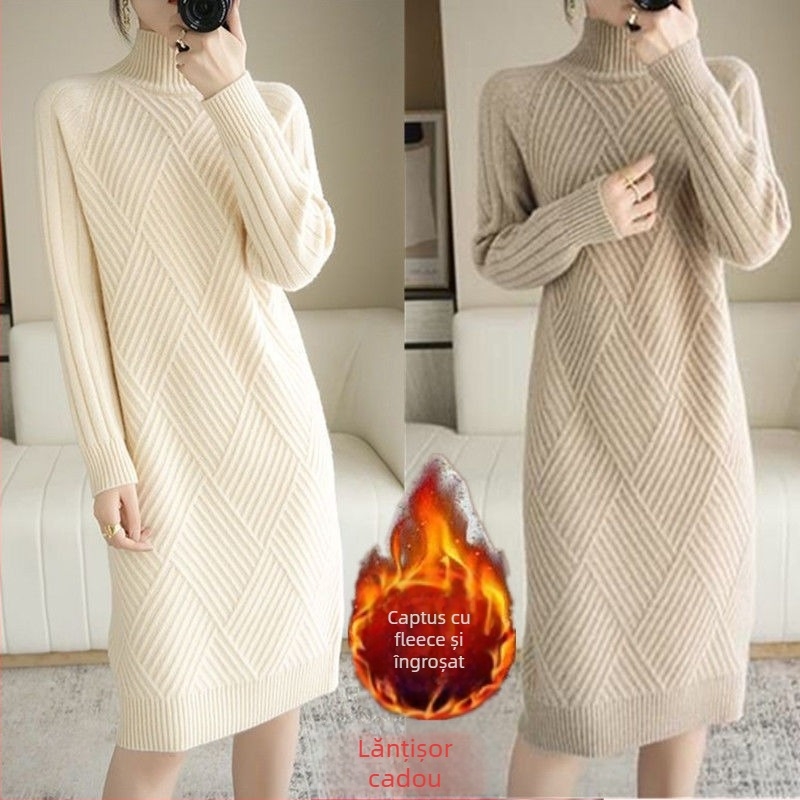 Rochie-pulover din tricot gros cu guler mock neck, mâneci lungi, croială lejeră, poliester, toamna 2023