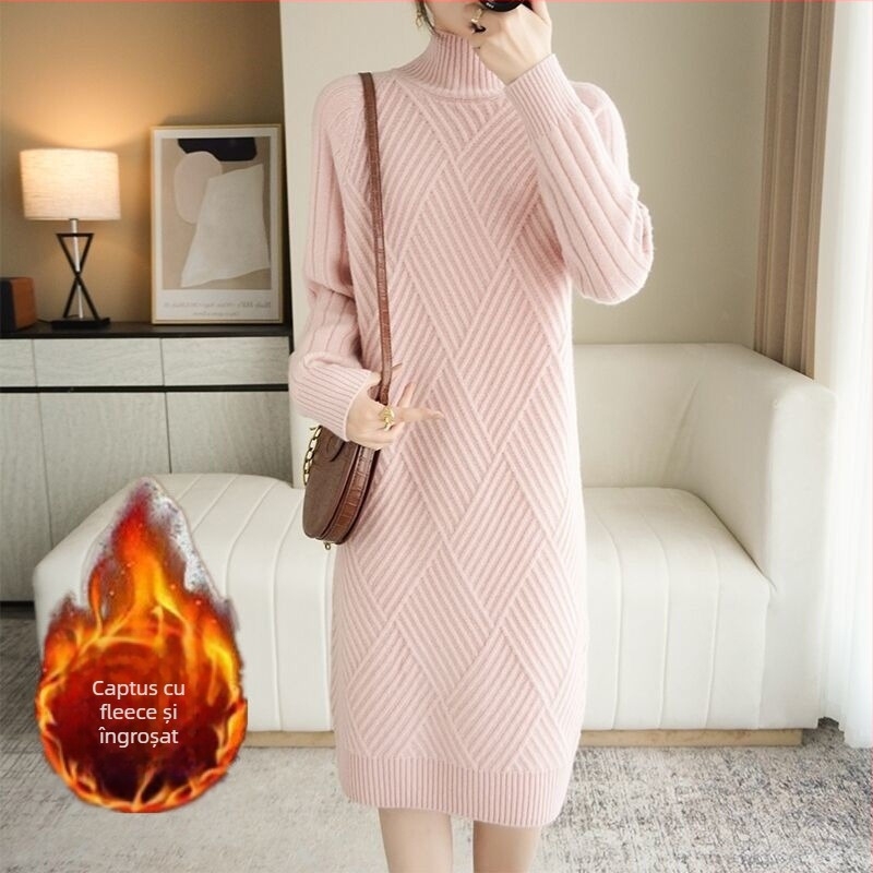 Rochie-pulover din tricot gros cu guler mock neck, mâneci lungi, croială lejeră, poliester, toamna 2023