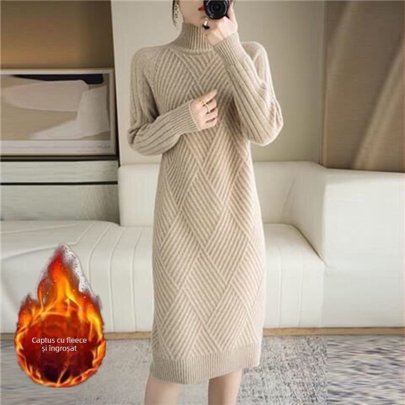 Rochie-pulover din tricot gros cu guler mock neck, mâneci lungi, croială lejeră, poliester, toamna 2023
