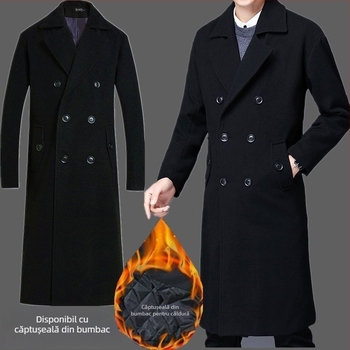 Palton lung din lână pentru bărbați, cu nasturi dubli, guler de sacou, fără glugă, căptușeală ușoară pentru iarnă, culoare solidă