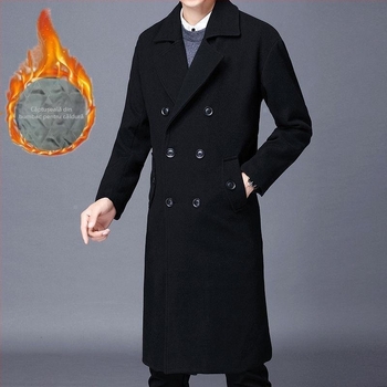 Palton lung din lână pentru bărbați, cu nasturi dubli, guler de sacou, fără glugă, căptușeală ușoară pentru iarnă, culoare solidă