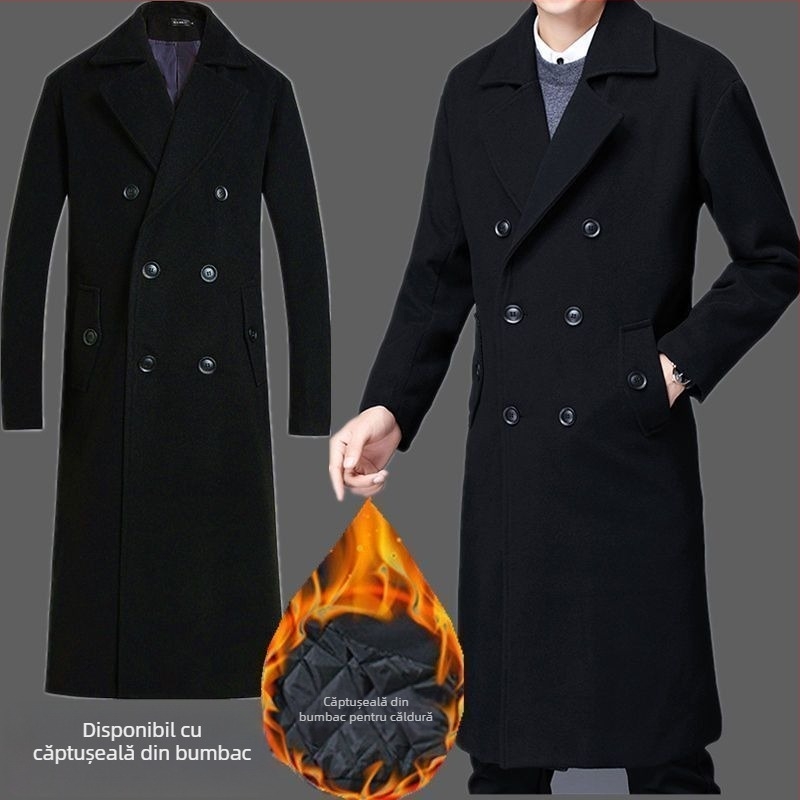 Palton lung din lână pentru bărbați, cu nasturi dubli, guler de sacou, fără glugă, căptușeală ușoară pentru iarnă, culoare solidă