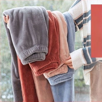 Pantaloni de casă călduroși, din fleece coral, căptușiți, talie medie, croială largă, croi relaxat