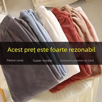 Pantaloni de casă călduroși, din fleece coral, căptușiți, talie medie, croială largă, croi relaxat