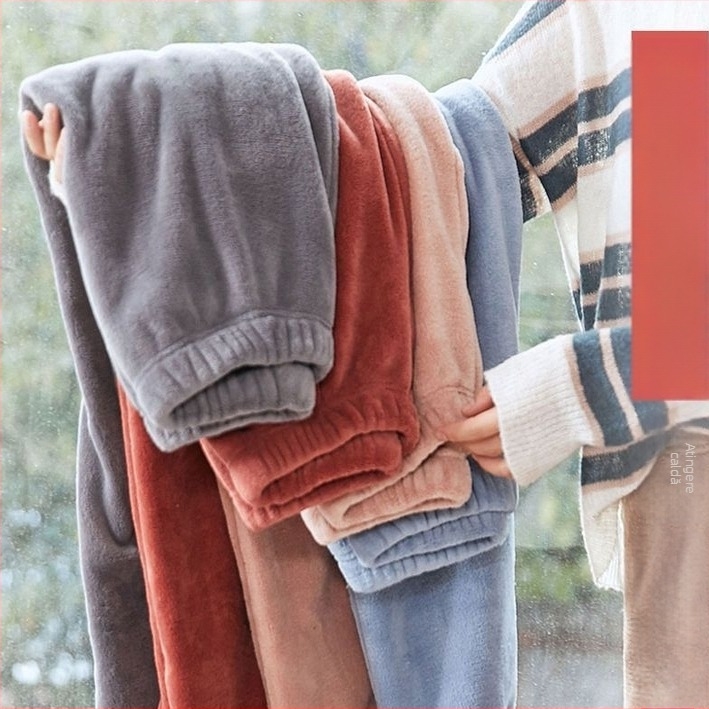 Pantaloni de casă călduroși, din fleece coral, căptușiți, talie medie, croială largă, croi relaxat