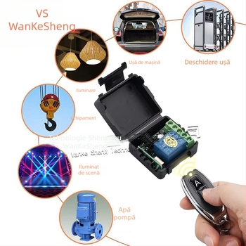 Intrerupător wireless cu telecomandă, 12V, canal unic, 433 MHz, pentru motoare și lumini, -30 la 60°C