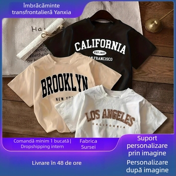 Tricou T‑shirt cu imprimeu litere (Bumbac 95%+, guler rotund, mâneci scurte, transfer termic)