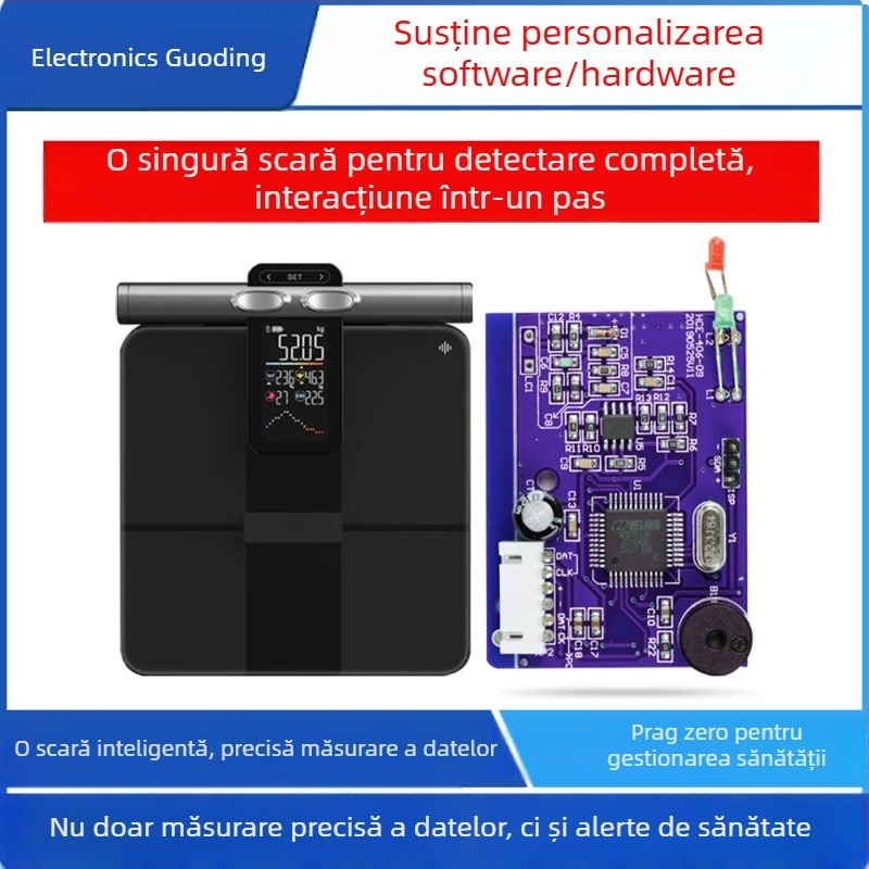 PCB personalizabil pentru cântar inteligent de greutate și grăsime corporală cu interacțiune om-mașină – soluție de design și dezvoltare; termen de livrare 10–30 zile; produse aplicabile: cântar inteligent de greutate și grăsime; domeniu de aplicație: casă