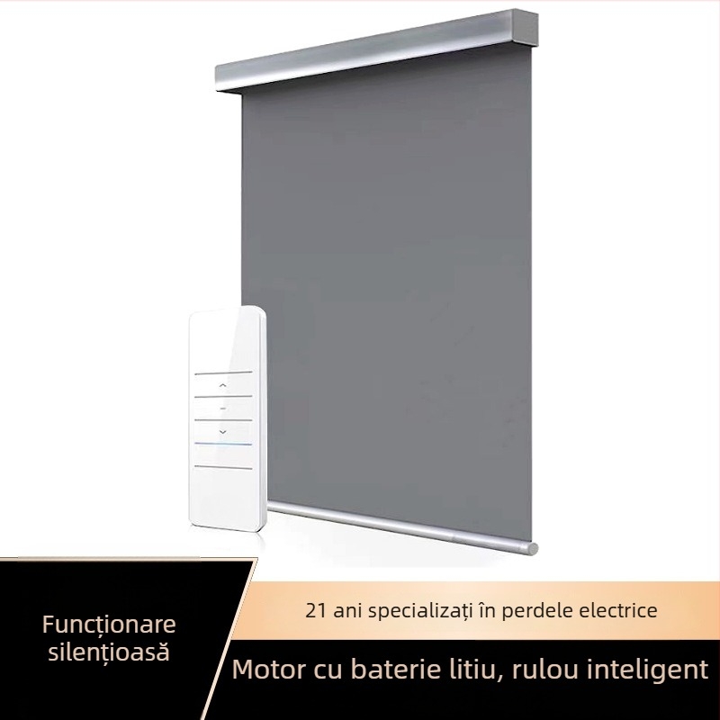 Jaluzea rulou electric inteligentă cu motor pe baterie litiu, funcționare silențioasă, material opac pentru controlul luminii, telecomandă și compatibilitate cu asistenți vocali (Alexa/Google Home/Zigbee), poliester