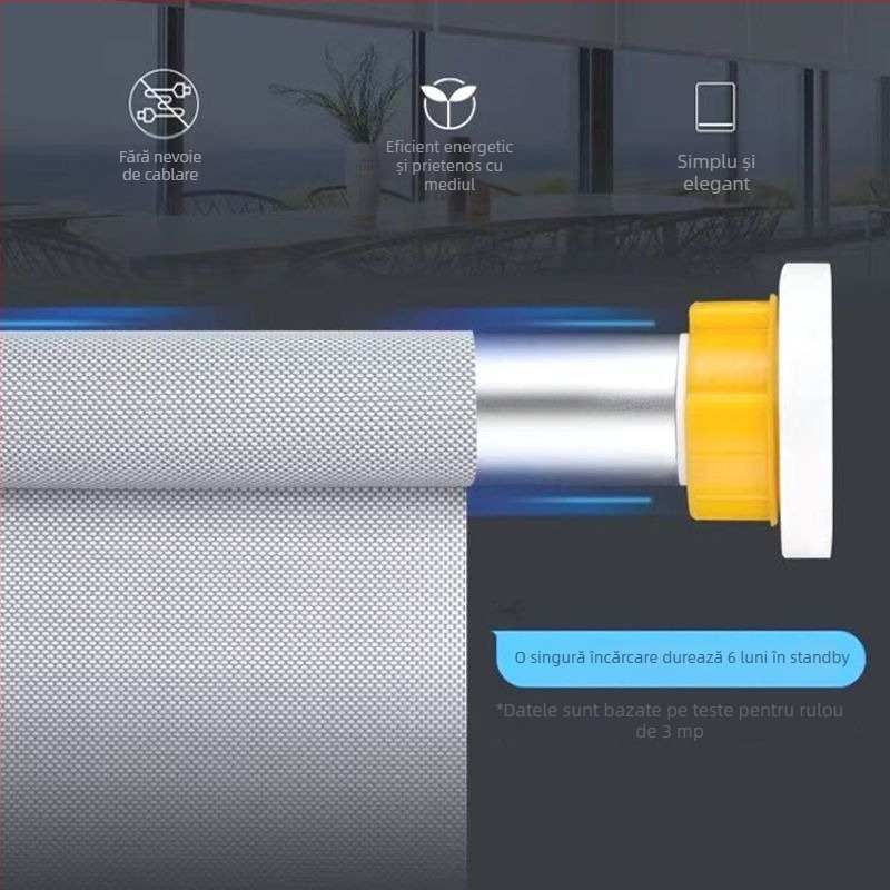 Jaluzea rulou electric inteligentă cu motor pe baterie litiu, funcționare silențioasă, material opac pentru controlul luminii, telecomandă și compatibilitate cu asistenți vocali (Alexa/Google Home/Zigbee), poliester