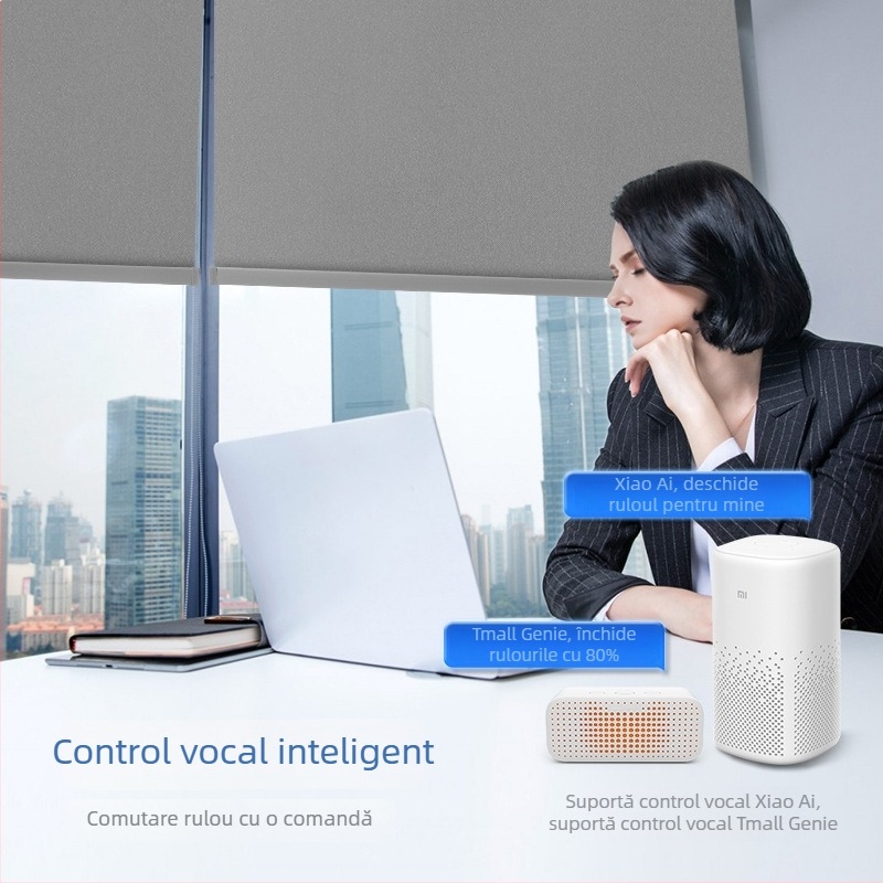 Jaluzea rulou electric cu motor de 12V, baterie litiu reîncărcabilă prin energie solară, telecomandă, modul Wi‑Fi inteligent încorporat, țesătură poliester