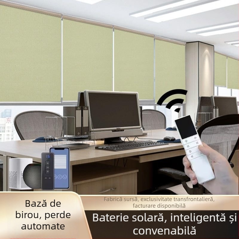 Jaluzea rulou electric cu motor de 12V, baterie litiu reîncărcabilă prin energie solară, telecomandă, modul Wi‑Fi inteligent încorporat, țesătură poliester