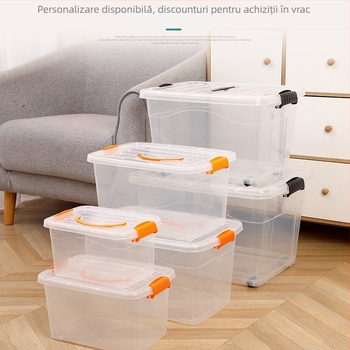 Cutie de depozitare din plastic cu roți, transparentă cu capac, plastic îngroșat, capacitate 20–30 L