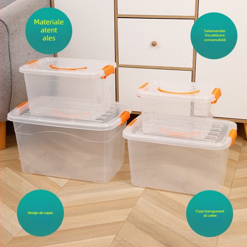 Cutie de depozitare din plastic cu roți, transparentă cu capac, plastic îngroșat, capacitate 20–30 L