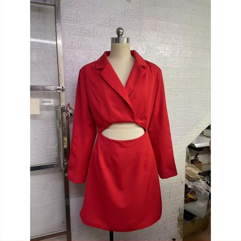 Costum fustă pentru femei cu talie strânsă, decolteu în V adânc, design decupat, poliester, mâneci lungi, stil street-hipster