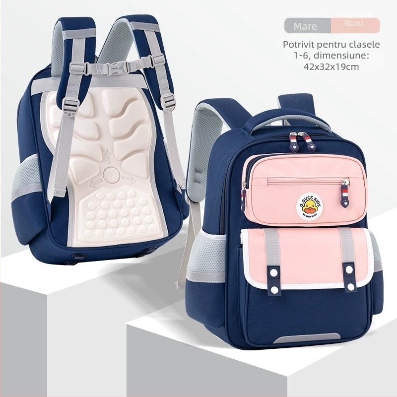 Ghiozdan școlar pentru clasele 1–6, reducere a greutății, protecția coloanei, bretele de umăr cu pernă de aer, poliester