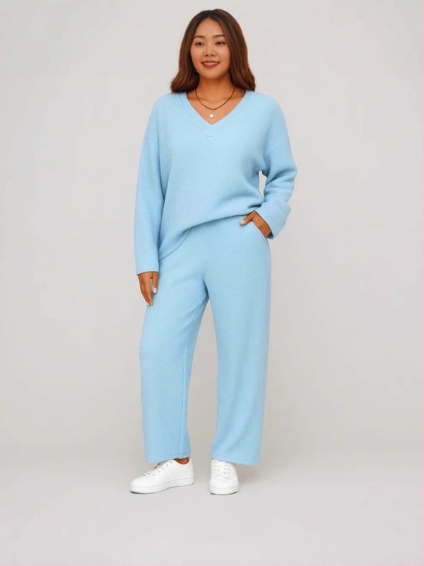 Set de pijamă pentru femei din două piese, culoare solidă, top tricotat din poliester 95%+, mâneci lungi, stil casual, toamnă-iarnă 2025