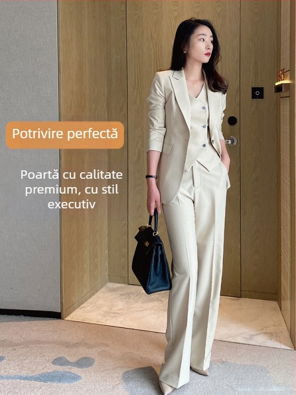 Costum feminin de afaceri cu vestă și pantaloni largi, top cardigan, țesătură rezistentă la șifonare, conținutul principal al țesăturii 80–90%