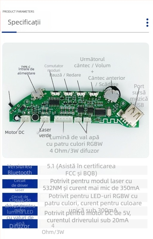 BTK10 Modul PCBA pentru lumină cer stelat Bluetooth 5.1, driver laser 532 nm (<350 mA), acționare motor 5 V (<20 mA), difuzor 4 Ω 3 W