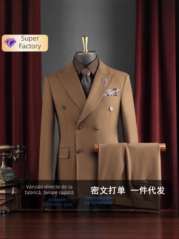 Set costum bărbătesc pentru afaceri cu rever plat, închidere cu un nasture, amestec poliester 67,1%, fente laterale