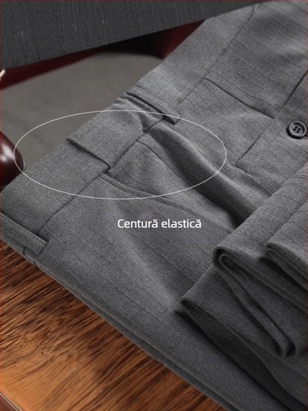 Set costum bărbătesc pentru afaceri cu rever plat, închidere cu un nasture, amestec poliester 67,1%, fente laterale