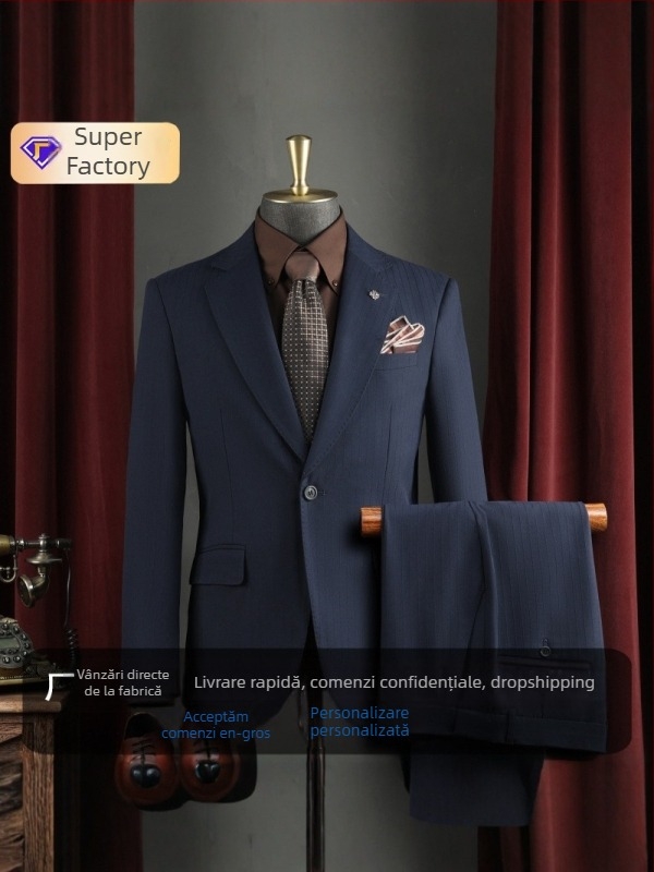 Set costum bărbătesc pentru afaceri cu rever plat, închidere cu un nasture, amestec poliester 67,1%, fente laterale