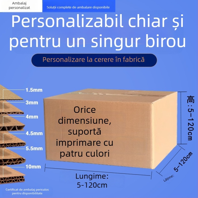 Cutii de carton pentru ambalare – carton ondulat, grosime 5, greutate hârtie 150, întărite, cutie lipire cu imprimare