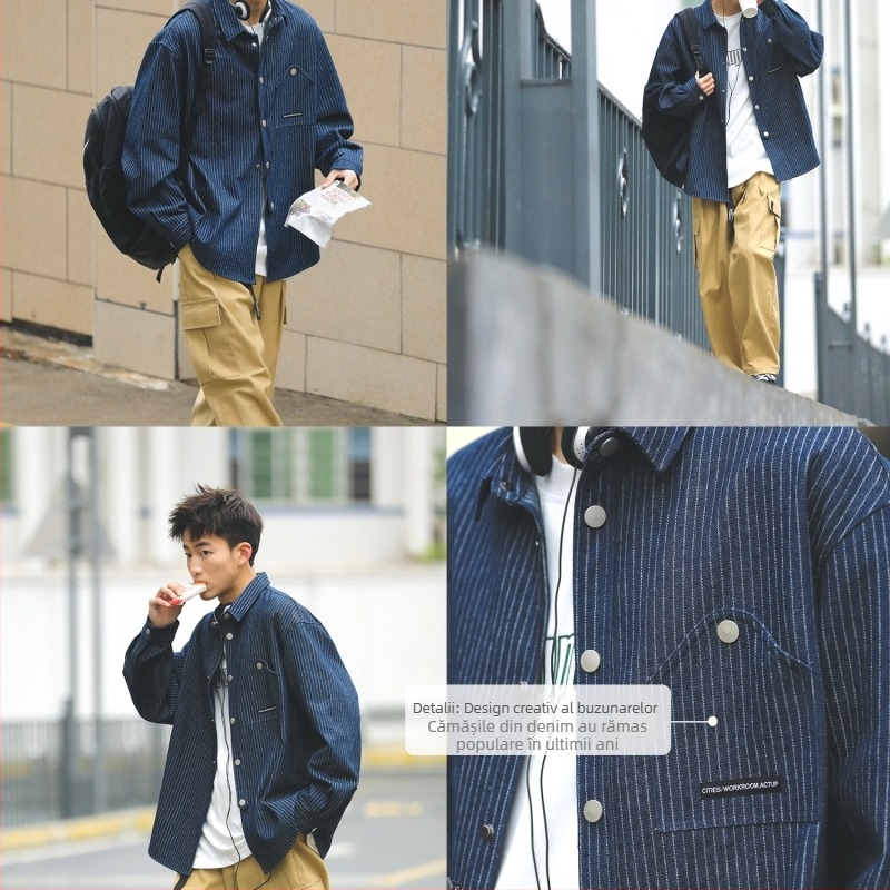 Cămașă cu dungi, guler înalt, mâneci lungi, stil japonez retro cardigan, croială lejeră