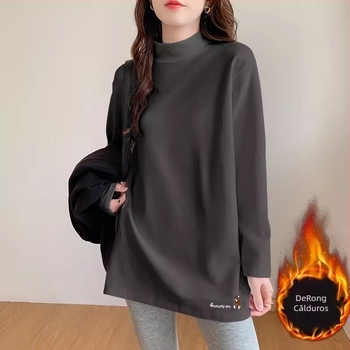 Top damă velur cu căptușeală din fleece, lungime medie, croială lejeră, mâneci lungi, guler semi-înalt, poliester 95%+