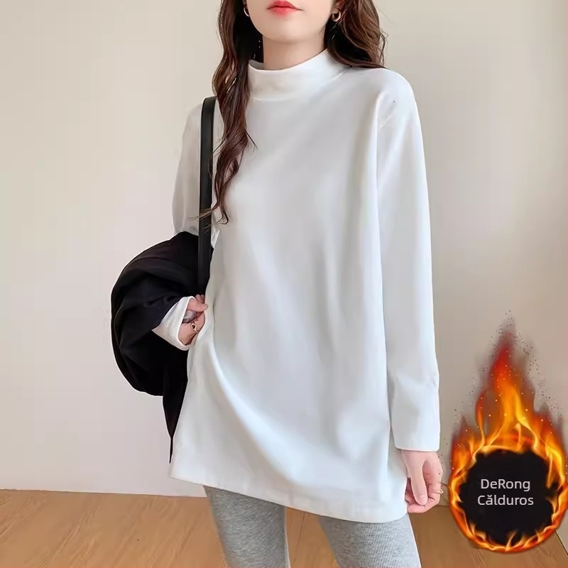 Top damă velur cu căptușeală din fleece, lungime medie, croială lejeră, mâneci lungi, guler semi-înalt, poliester 95%+