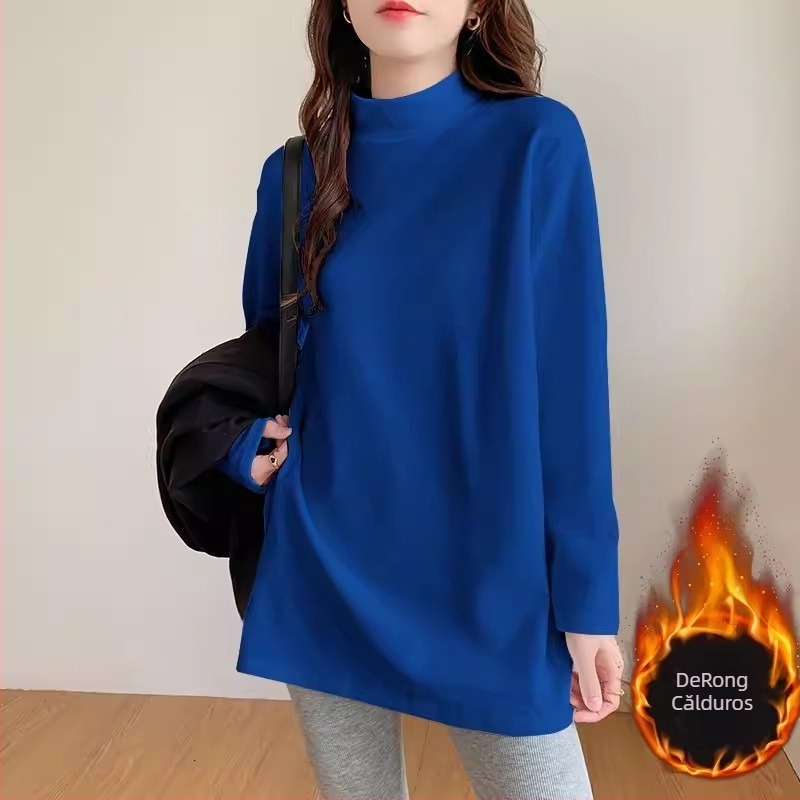 Top damă velur cu căptușeală din fleece, lungime medie, croială lejeră, mâneci lungi, guler semi-înalt, poliester 95%+