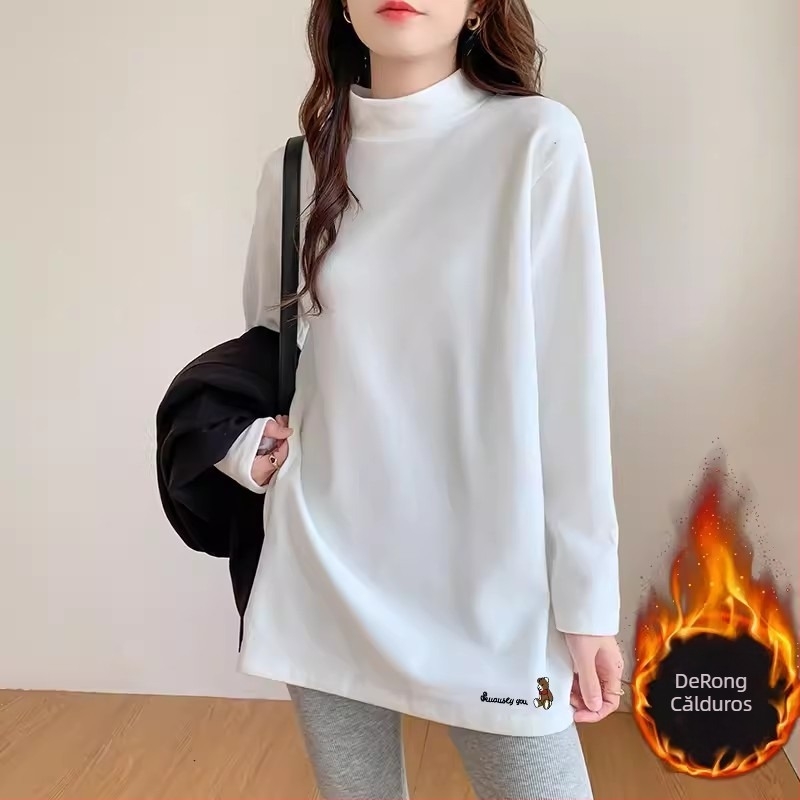 Top damă velur cu căptușeală din fleece, lungime medie, croială lejeră, mâneci lungi, guler semi-înalt, poliester 95%+