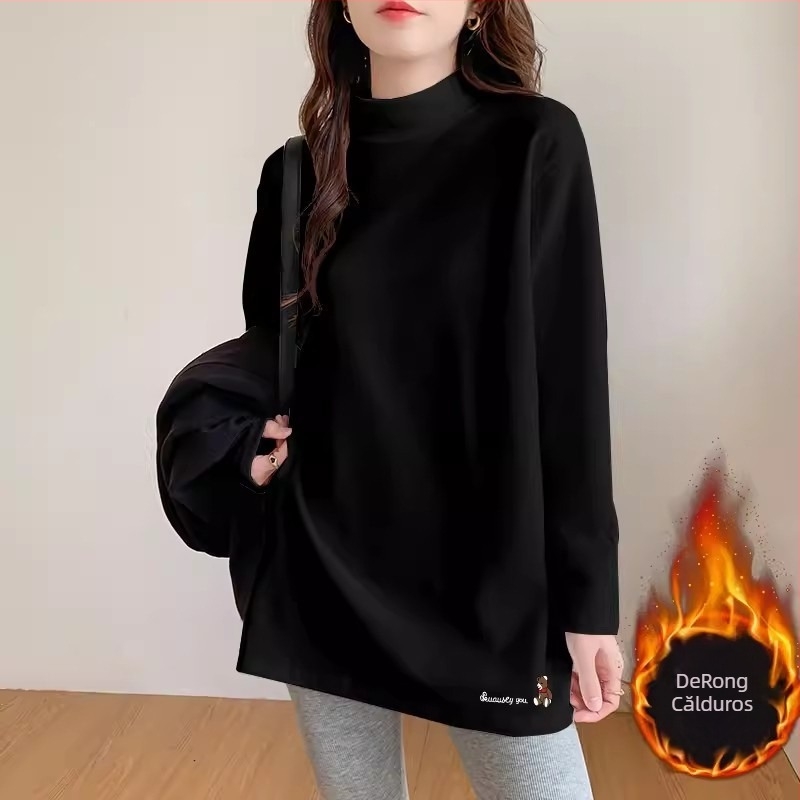 Top damă velur cu căptușeală din fleece, lungime medie, croială lejeră, mâneci lungi, guler semi-înalt, poliester 95%+