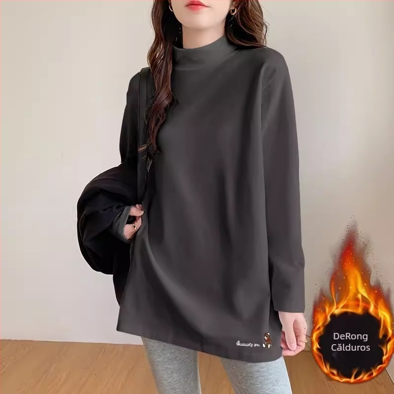 Top damă velur cu căptușeală din fleece, lungime medie, croială lejeră, mâneci lungi, guler semi-înalt, poliester 95%+