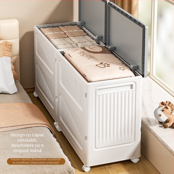 Cutie de depozitare pentru haine, cu capac rabatabil, din plastic, 90–100 L, pliabilă, rezistentă la praf, cu roți