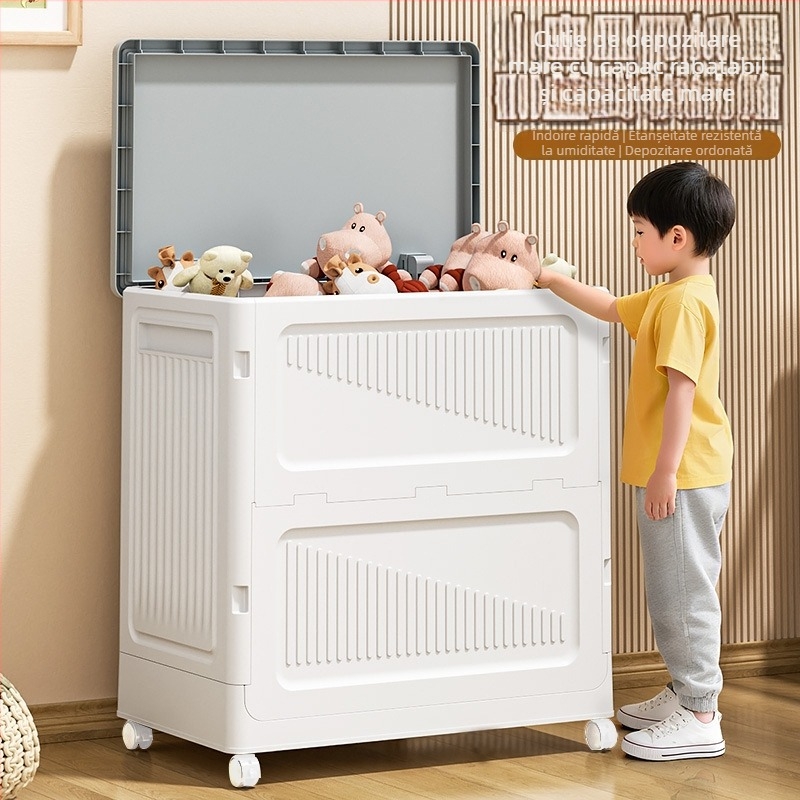 Cutie de depozitare pentru haine, cu capac rabatabil, din plastic, 90–100 L, pliabilă, rezistentă la praf, cu roți