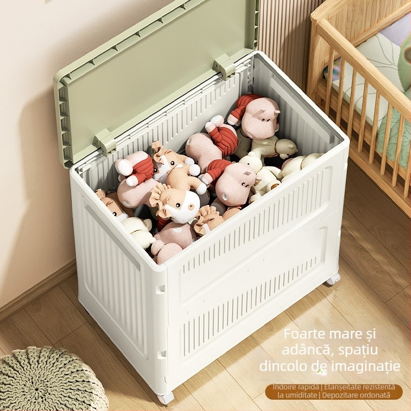 Cutie de depozitare pentru haine, cu capac rabatabil, din plastic, 90–100 L, pliabilă, rezistentă la praf, cu roți