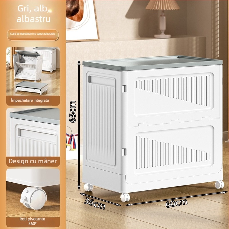 Cutie de depozitare pentru haine, cu capac rabatabil, din plastic, 90–100 L, pliabilă, rezistentă la praf, cu roți