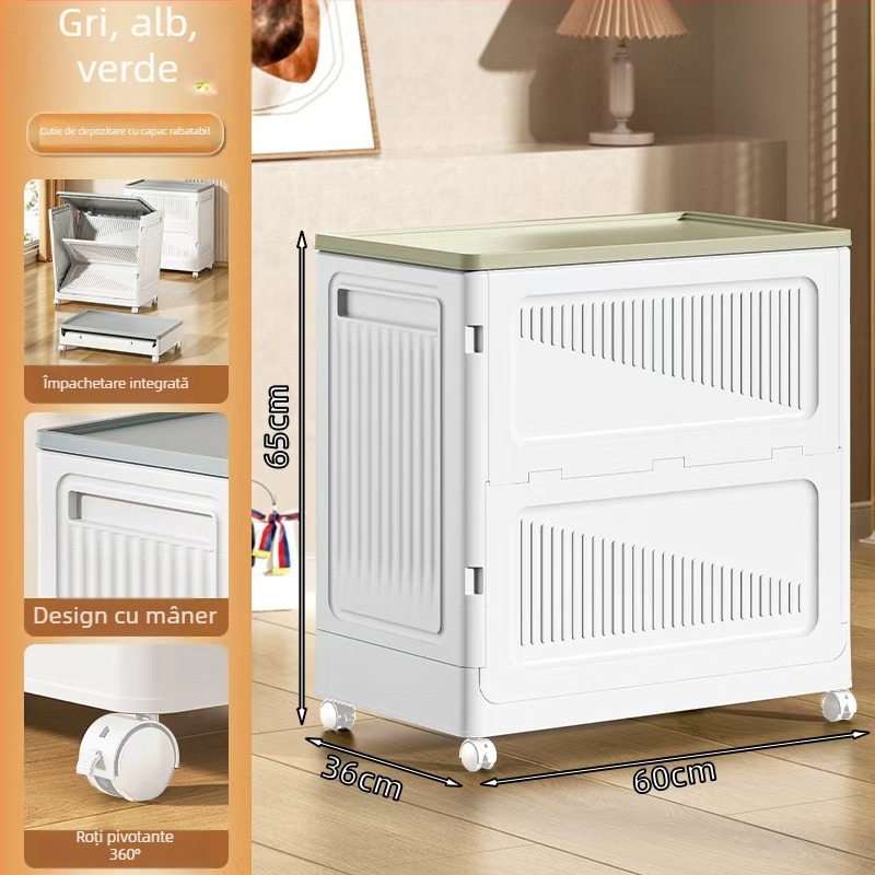 Cutie de depozitare pentru haine, cu capac rabatabil, din plastic, 90–100 L, pliabilă, rezistentă la praf, cu roți