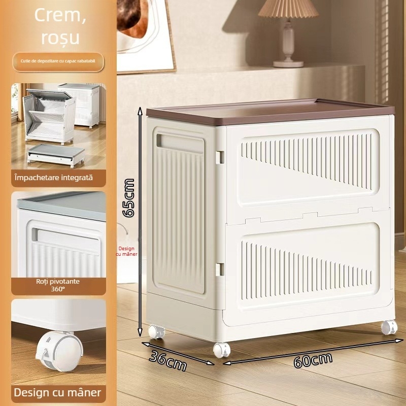 Cutie de depozitare pentru haine, cu capac rabatabil, din plastic, 90–100 L, pliabilă, rezistentă la praf, cu roți