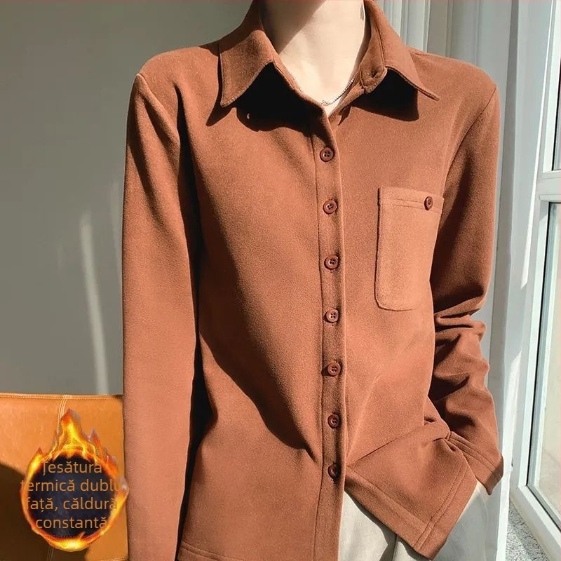 Cămașă de damă în stil cardigan — poliester periat, mâneci lungi, model uni, conținut poliester 70–80%