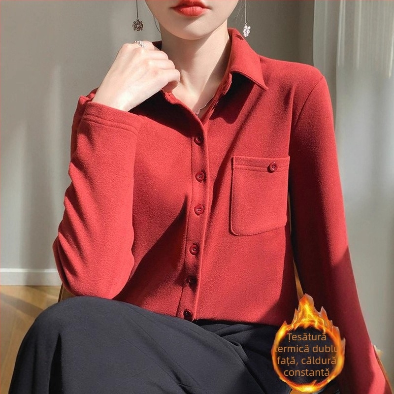 Cămașă de damă în stil cardigan — poliester periat, mâneci lungi, model uni, conținut poliester 70–80%