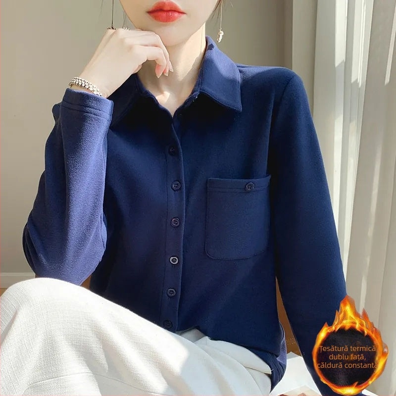 Cămașă de damă în stil cardigan — poliester periat, mâneci lungi, model uni, conținut poliester 70–80%