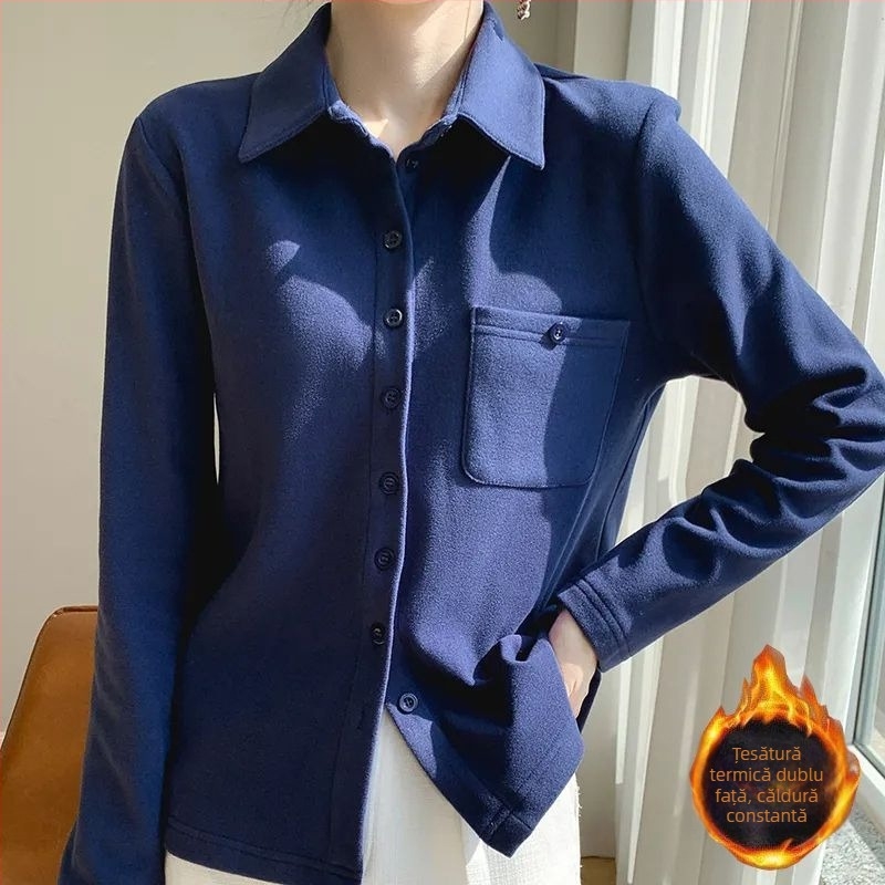 Cămașă de damă în stil cardigan — poliester periat, mâneci lungi, model uni, conținut poliester 70–80%