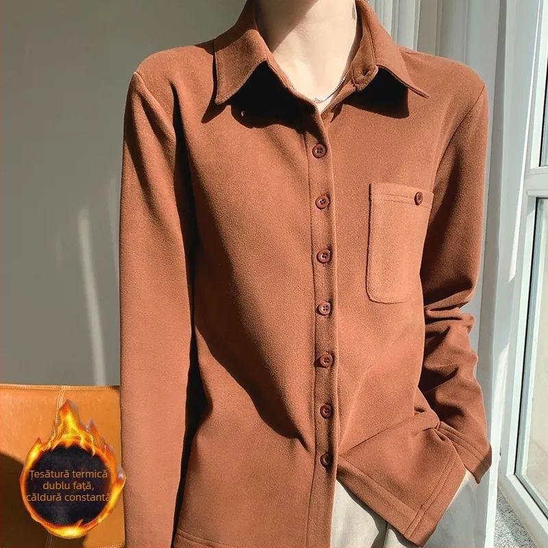 Cămașă de damă în stil cardigan — poliester periat, mâneci lungi, model uni, conținut poliester 70–80%