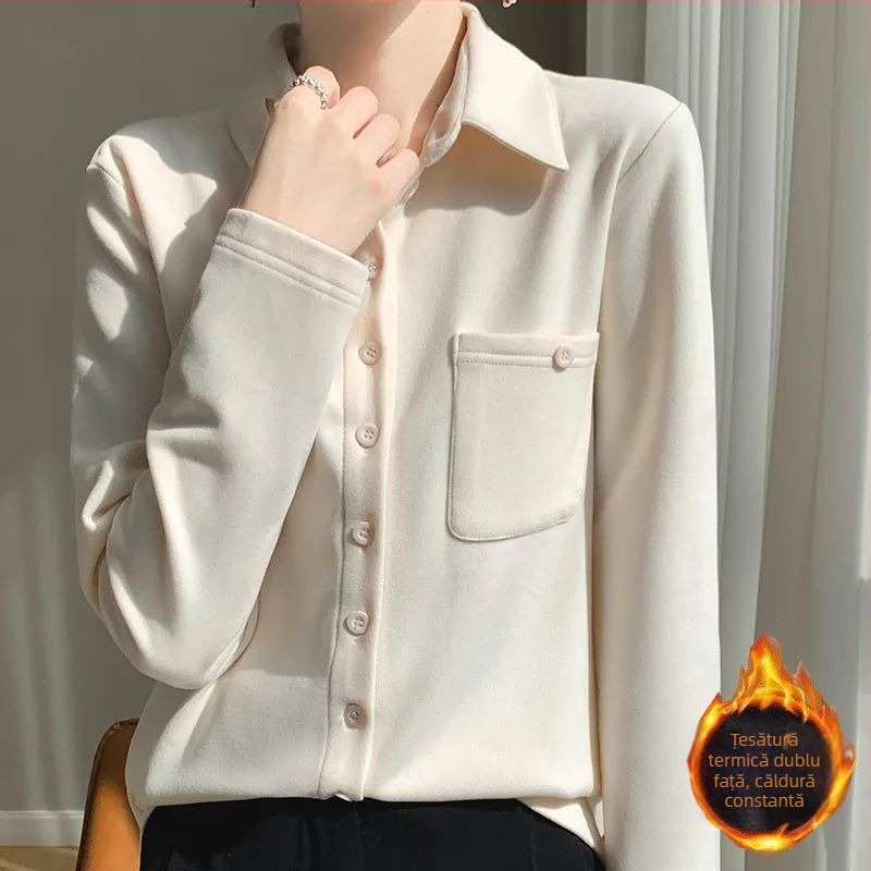 Cămașă de damă în stil cardigan — poliester periat, mâneci lungi, model uni, conținut poliester 70–80%