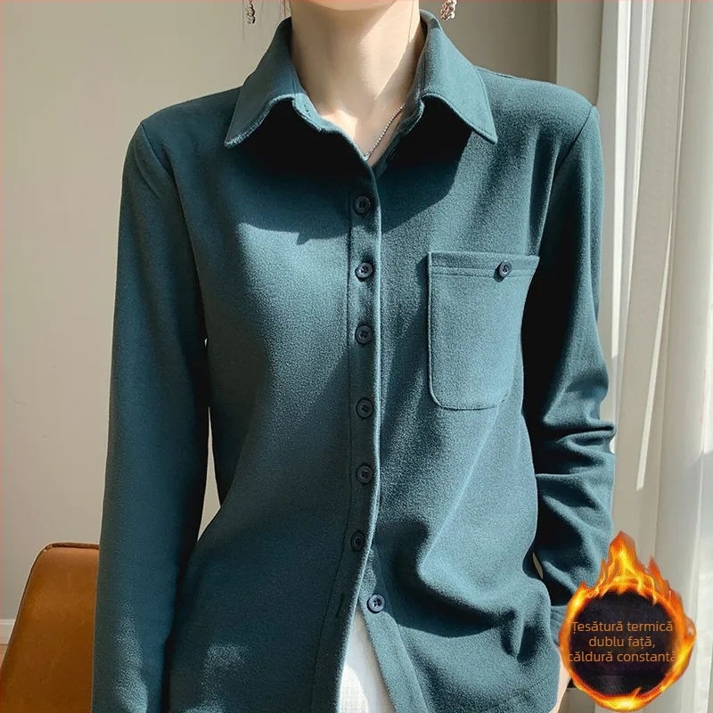 Cămașă de damă în stil cardigan — poliester periat, mâneci lungi, model uni, conținut poliester 70–80%